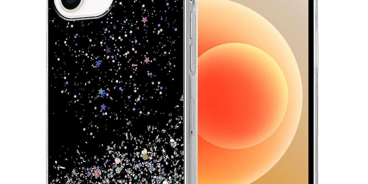The sparkly rear cover of the Apple iPhone 12 protects the camera